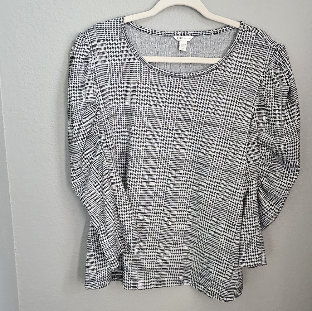 CATO Professional Work Blouse Top Black Houndstooth Rouched Sleeve size 14/16W